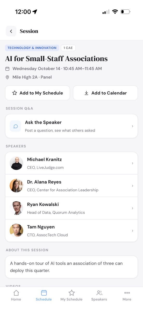 A session page in the attendee app: track and credit chips, room and time, Add to My Schedule, and Ask the Speaker