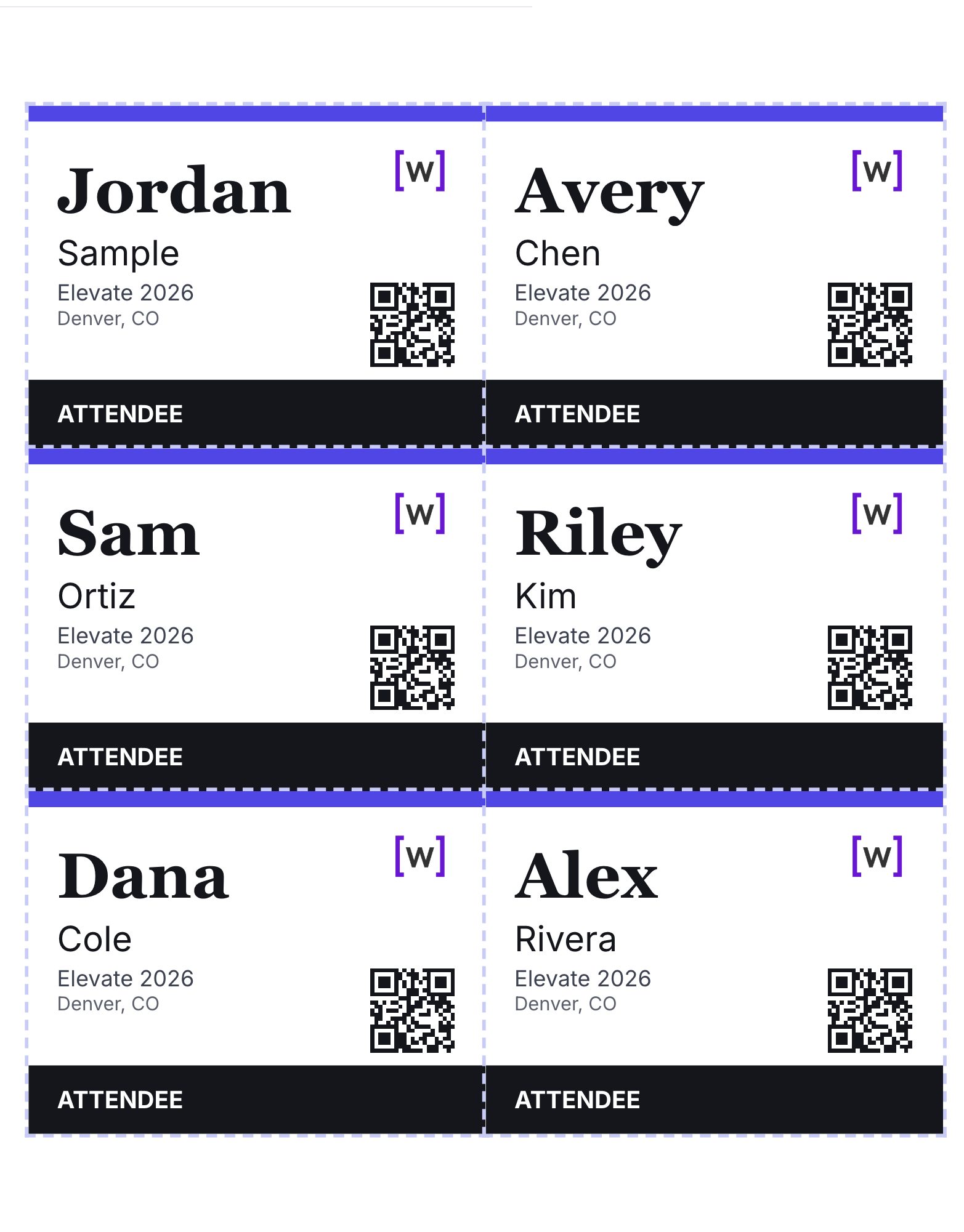 A letter-size Avery sheet of six printed badges, each with a different attendee's name, the event line, a scannable QR code and an Attendee bar