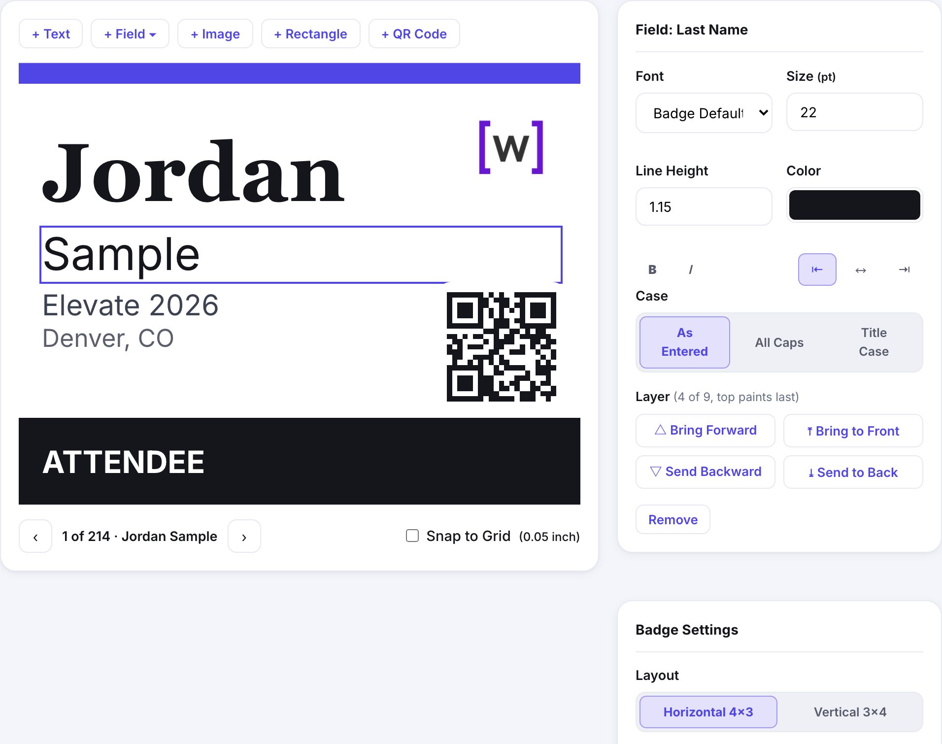 The Badge Designer: a 4x3 badge on the canvas with the last-name element selected, its font, size, case and layer controls open on the right above Badge Settings