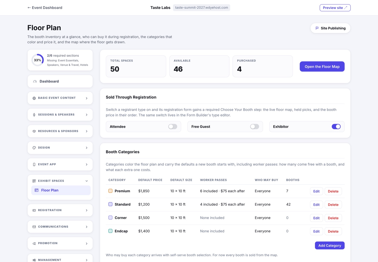 The Floor Plan dashboard: total, available and purchased space counts, the registrant types booths sell through, and the booth category table with worker passes and eligibility