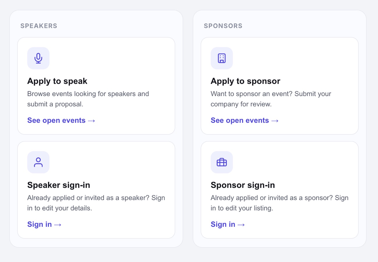The speaker and sponsor portal: cards to apply to speak, apply to sponsor, or sign in to edit an existing speaker or sponsor listing