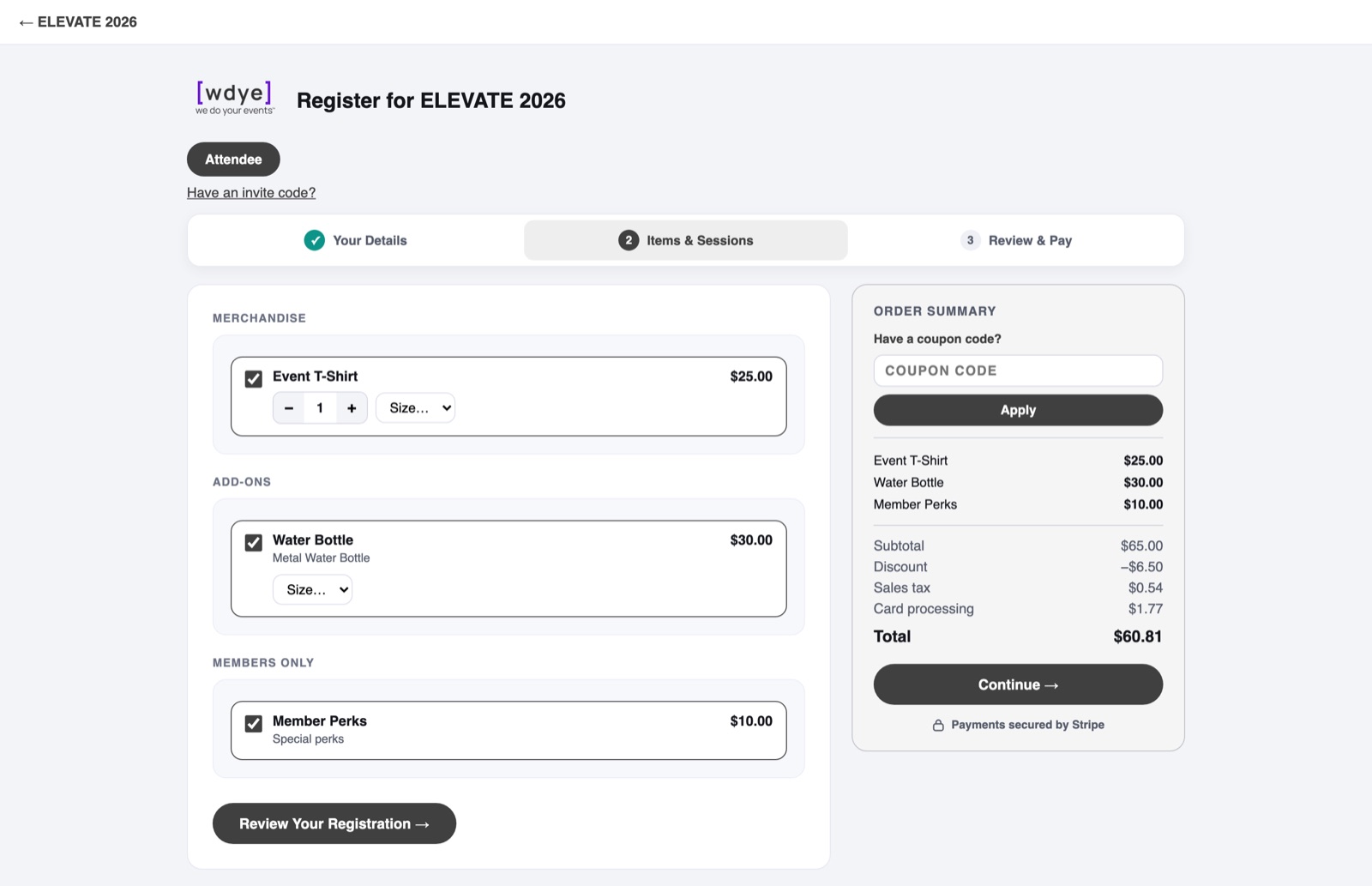 The registration form built with WDYE Studio: registrant types, items with sizes and quantities, and a live order summary with coupon box, discount, tax and total