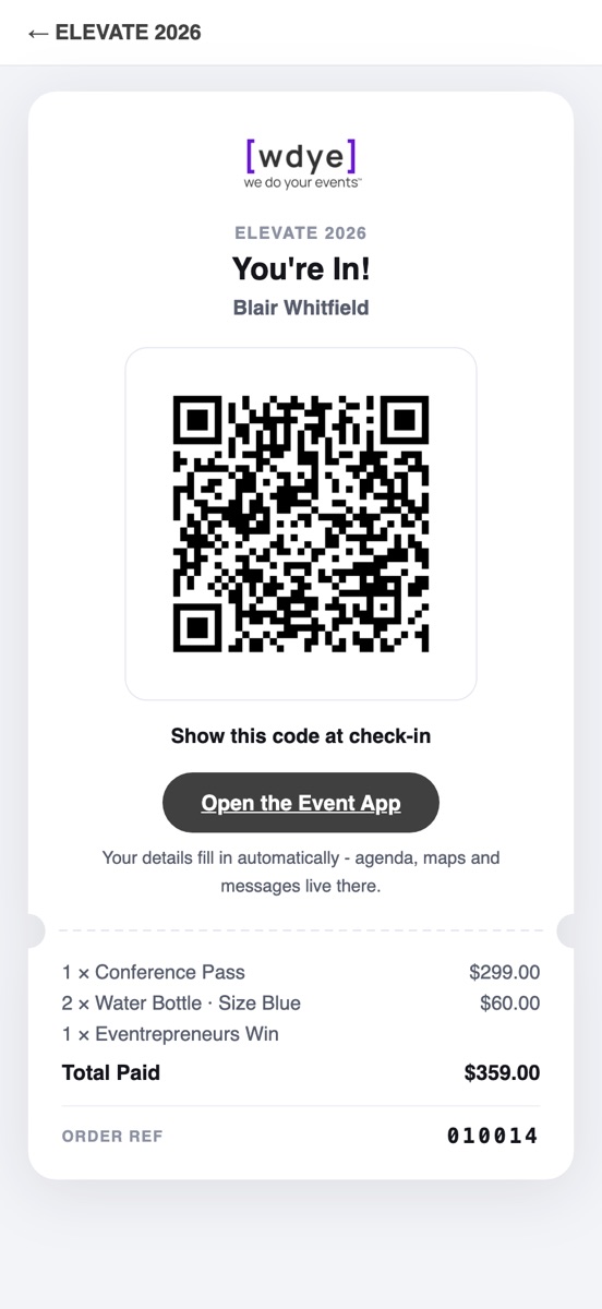 The emailed QR ticket on a phone: You're In, the attendee's name, a scannable code for check-in, and the itemized receipt