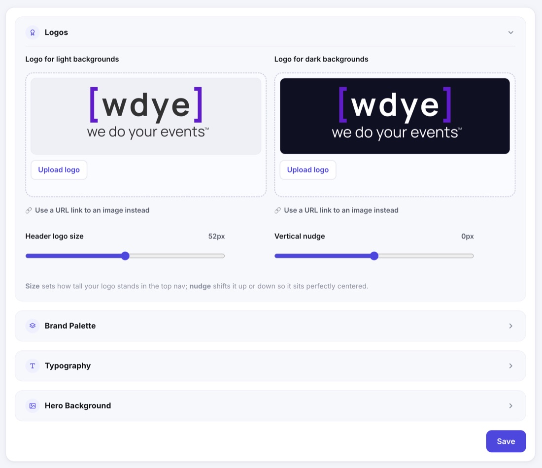 The branding panel: a logo for light backgrounds and one for dark, a header logo size slider, and collapsed rows for Brand Palette, Typography and Hero Background
