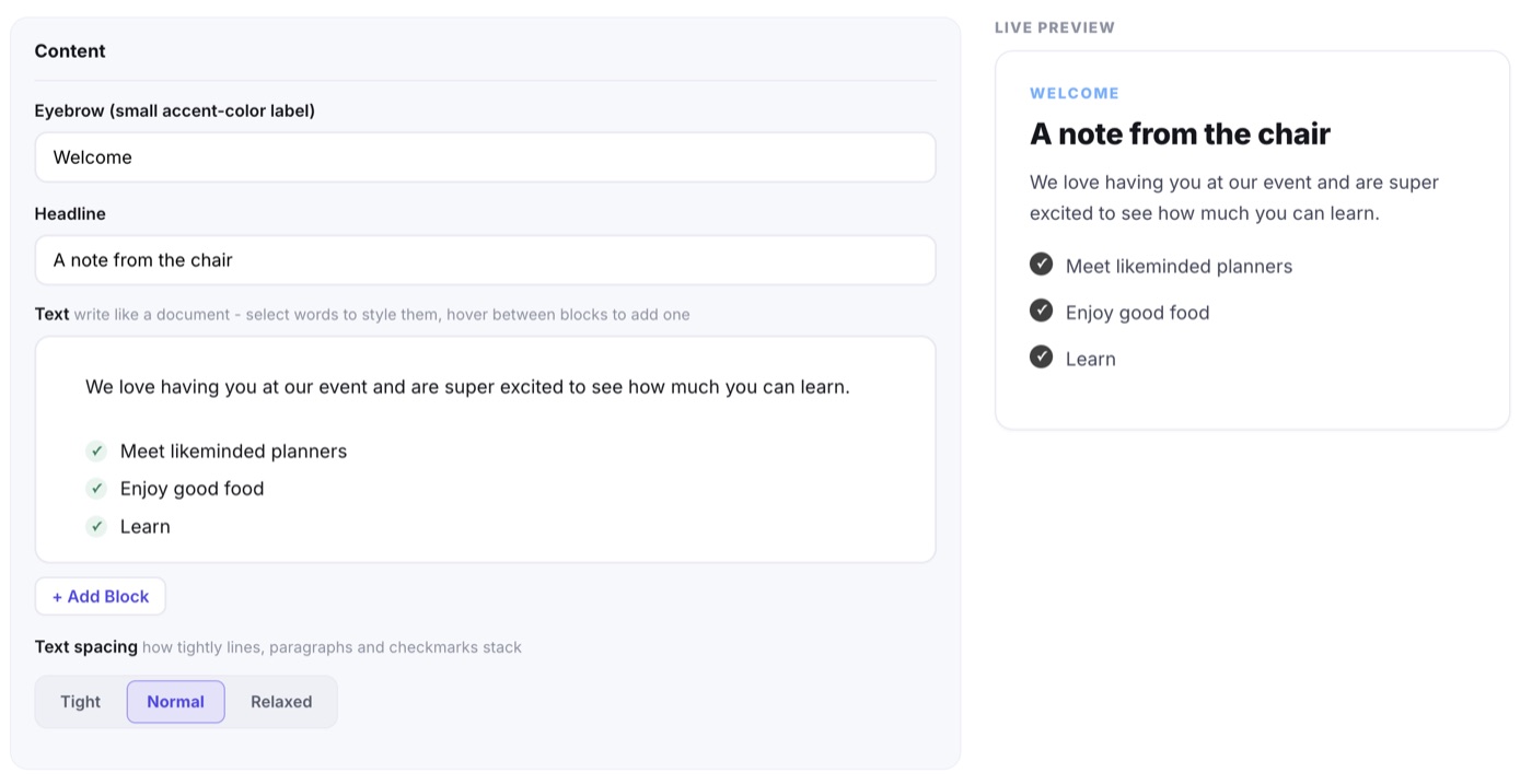 The custom block editor: an eyebrow, a headline and a document surface holding a paragraph and a green checkmark list, with a live preview of the finished section beside it